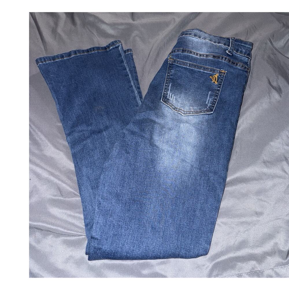 VIP Women's Straight Stretch Blue Denim Jeans Medium Wash Distressed Button
